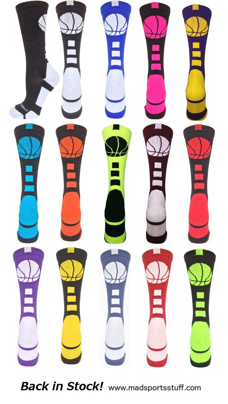 Basketball Logo Crew Socks are back in stock!  Fun colors, team colors, neons – so many to choose from…