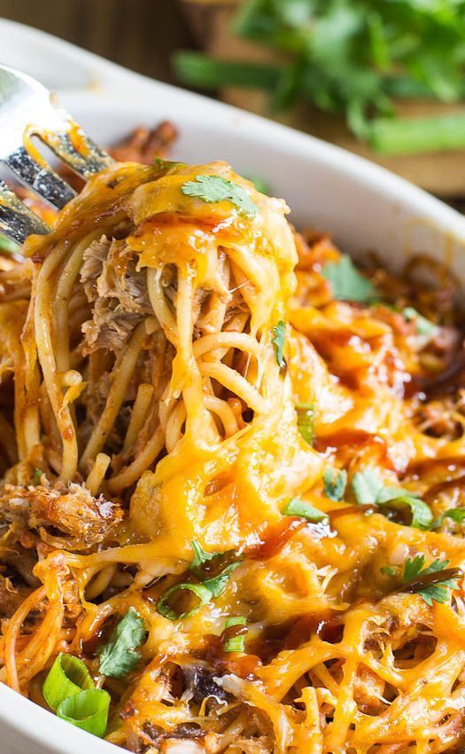 BBQ Spaghetti Casserole with pulled pork. It’s like the spaghetti version of BBQ Chicken Pizza.