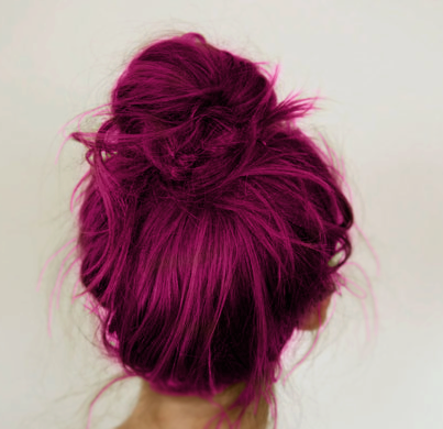 Bright magenta hair. You could achieve a colour like this using Indola 7.67 professional dye, or Fudge Headpaint 7.5.