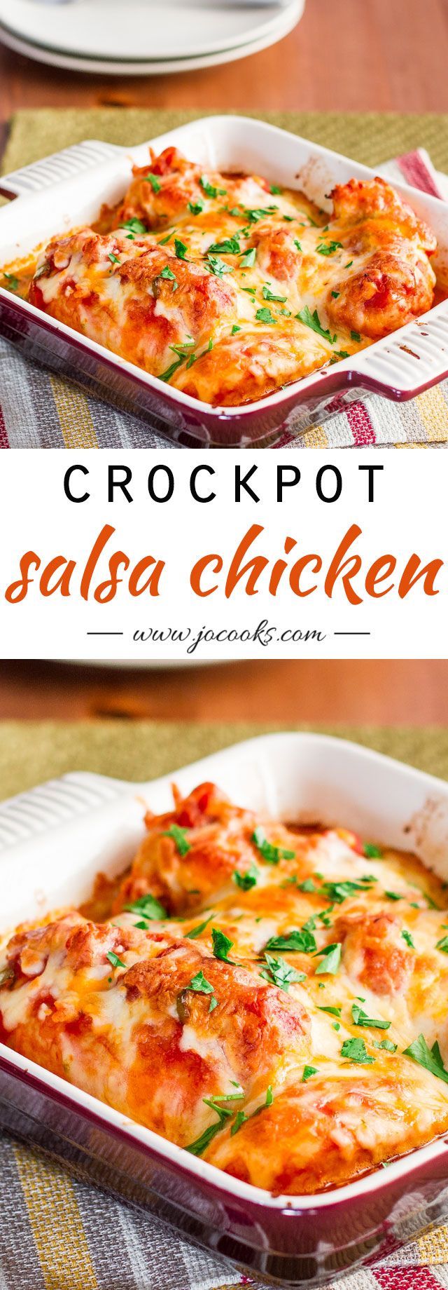 Crockpot Salsa Chicken. Place whole chicken breasts in your crockpot and pour the salsa over it. Cook anywhere from 1½ to 2 hours