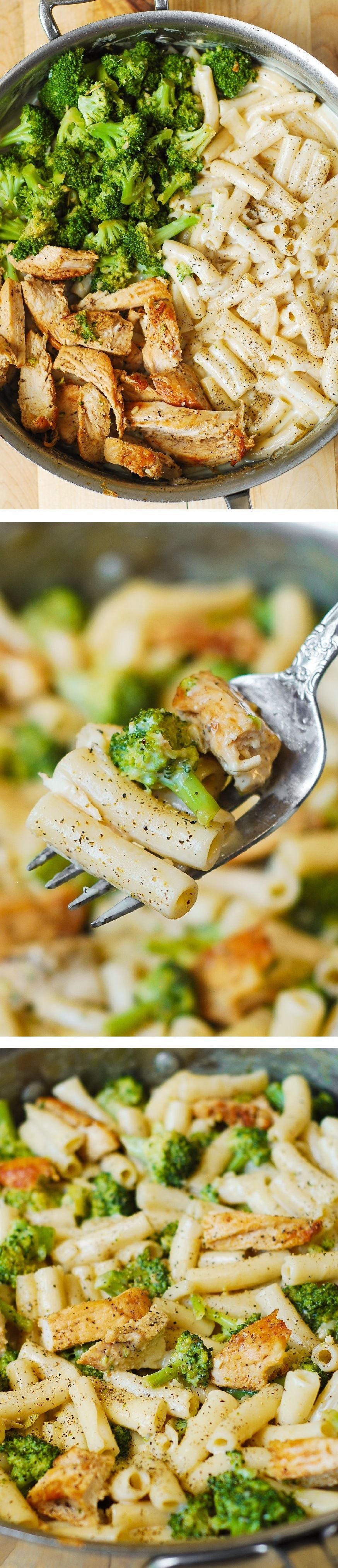 Delicious, creamy chicken breast, broccoli, garlic in a simple, homemade cream sauce. My favorite alfredo pasta!