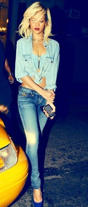 Denim on denim — everything is so perf, from the hair to the heels! #rihanna