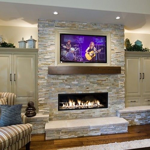 Fireplace and TV for future home… Love the colors and the fact that the cabinet to the left and right are not open shelving!!!