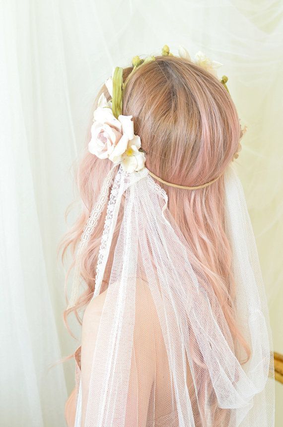 Floral crown veil, wedding headpiece, bridal veil, ivory flower halo, pink rose crown, art nouveau headdress, wedding accessory