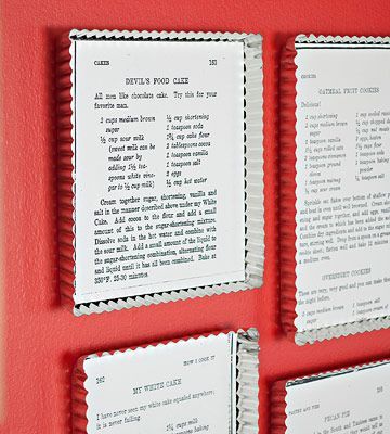 Fluted tart tins make great shiny frames for favorite recipes. Use a copier to enlarge and print vintage cookbook recipes on white