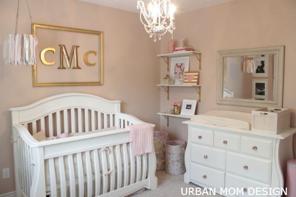 Gold, pinks, creams and whites for a baby girls nursery.  So warm and inviting.