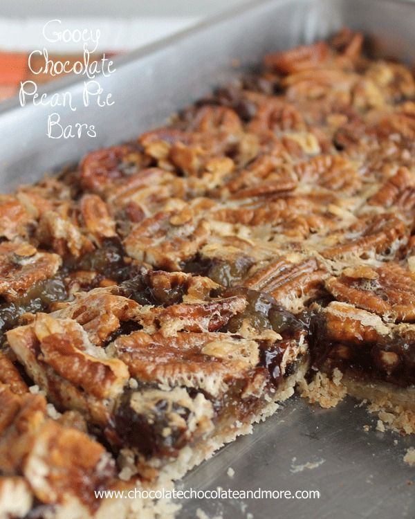 Gooey Chocolate Pecan Pie Bars-your favorite pecan pie loaded with semi-sweet chocolate and made into a bar for easy eating!