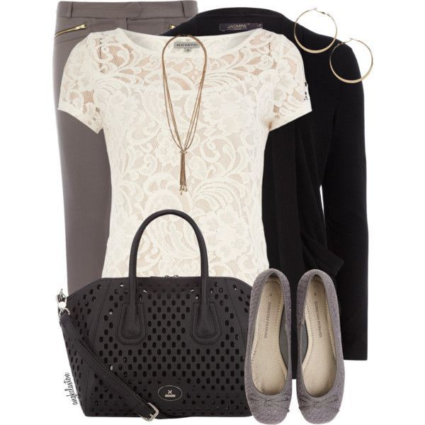 gray skinny, lace top, black cardigan, gray flats, black handbag // Dorothy Perkins