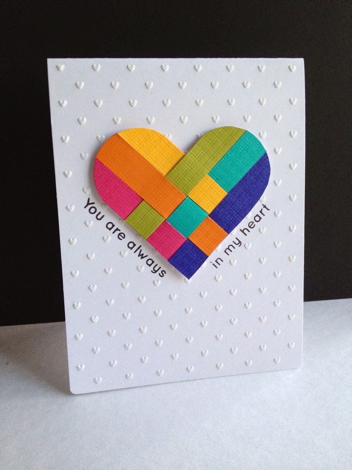 handmade Valentine card from I’m in Haven: Danish Hearts … clean and simple design … gorgeous woven heart in bright rainbow