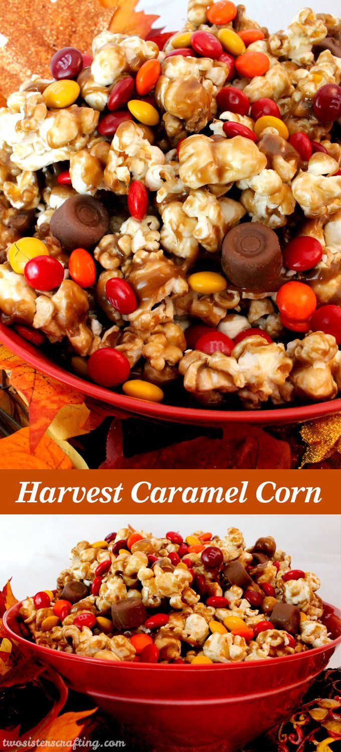 Harvest Caramel Corn – a fun Fall treat. Sweet and salty popcorn covered in delicious caramel – so delicious and so easy to make.