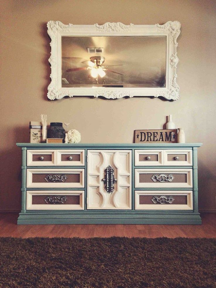 Homemade Chalk Paint all BM: new life from old 70’s brown. No names of colors given. Love the white mirror frame too!