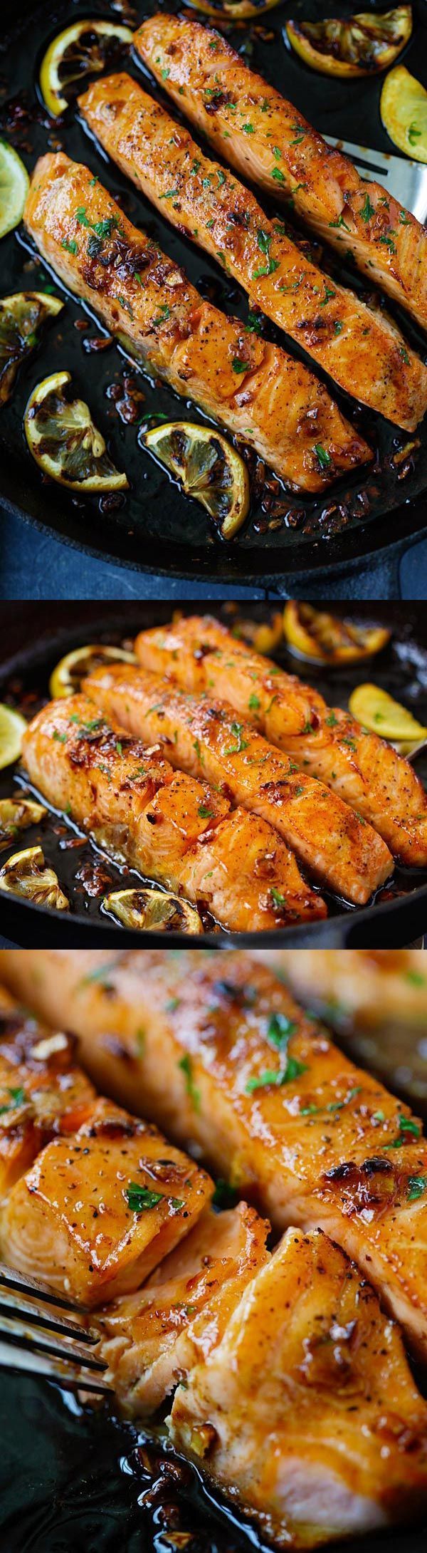 Honey Garlic Salmon – garlicky, sweet and sticky salmon with simple ingredients. Takes 20 mins, so good and great for