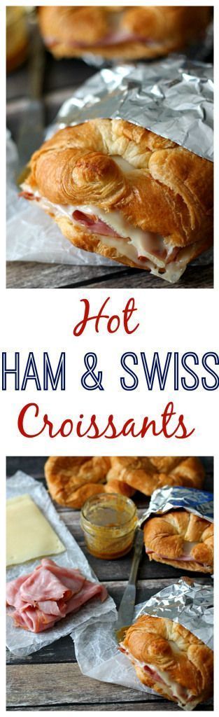 Hot Ham & Swiss Croissants!  So easy to make ahead and pop in the oven any time some is hungry.  They have a special honey mustard