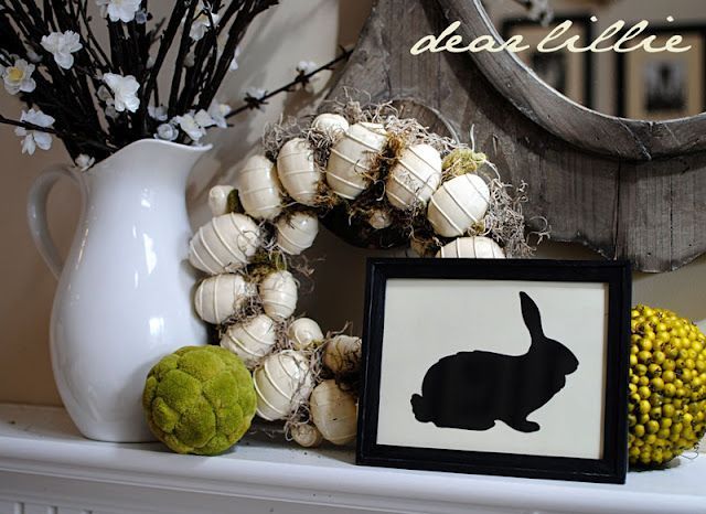 I added this bunny to a white plate instead of a frame – CUTE – love this Easter mantel