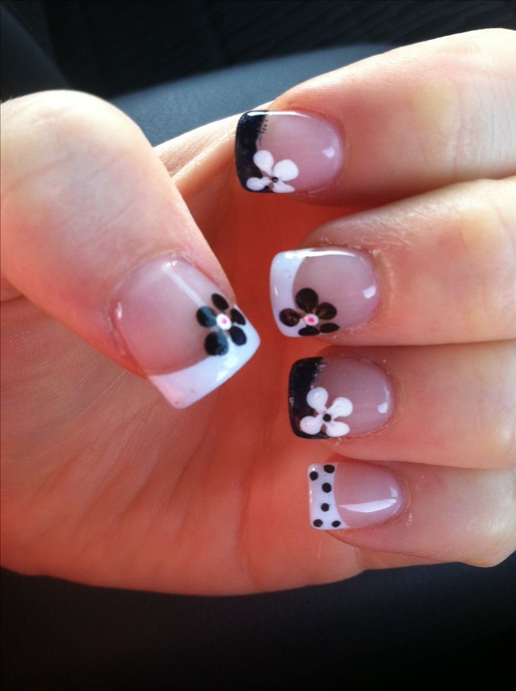 Black and White French Tips with Contrasting Flowers!