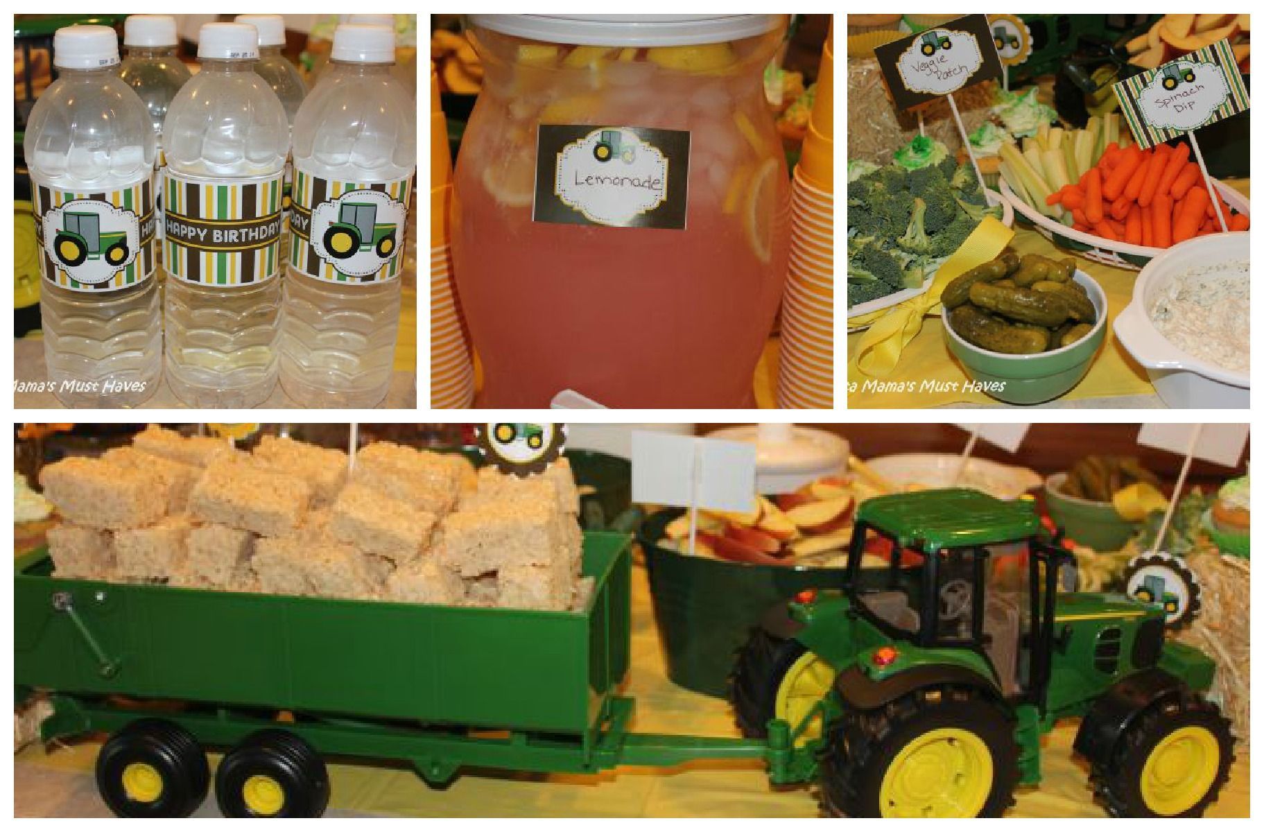 John Deere Tractor Party – Tons of food ideas, love the rice krispie hay bales in the tractor!