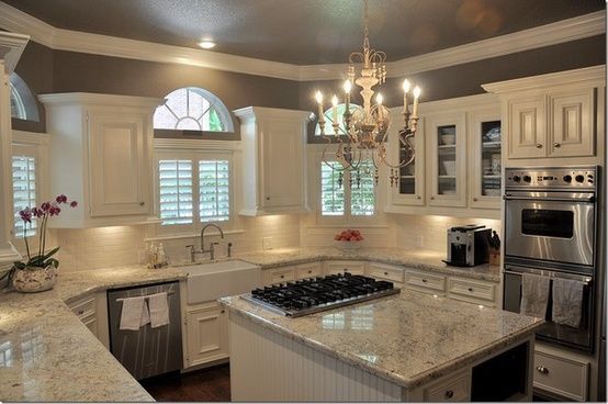 kitchens with gray walls and white cabinets | kitchen with white cabinets, white and light gray granite counters …
