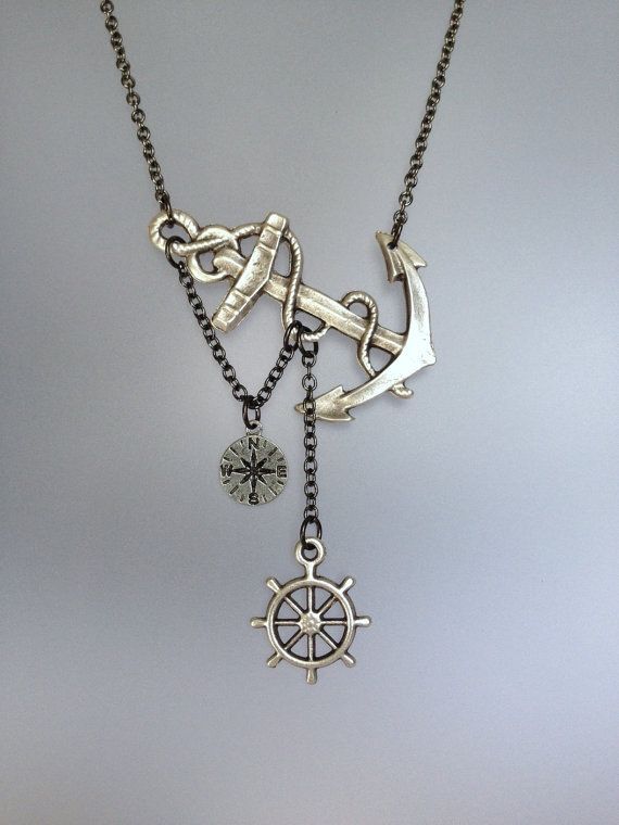 Lost at Sea Necklace by SBC Antique Silver Anchor Compass Charm and Ship Wheel Gunmetal Chain Made to Order