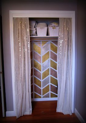 love this closet. Cool metallic herringbone paint job paired with sequined curtains, adorable