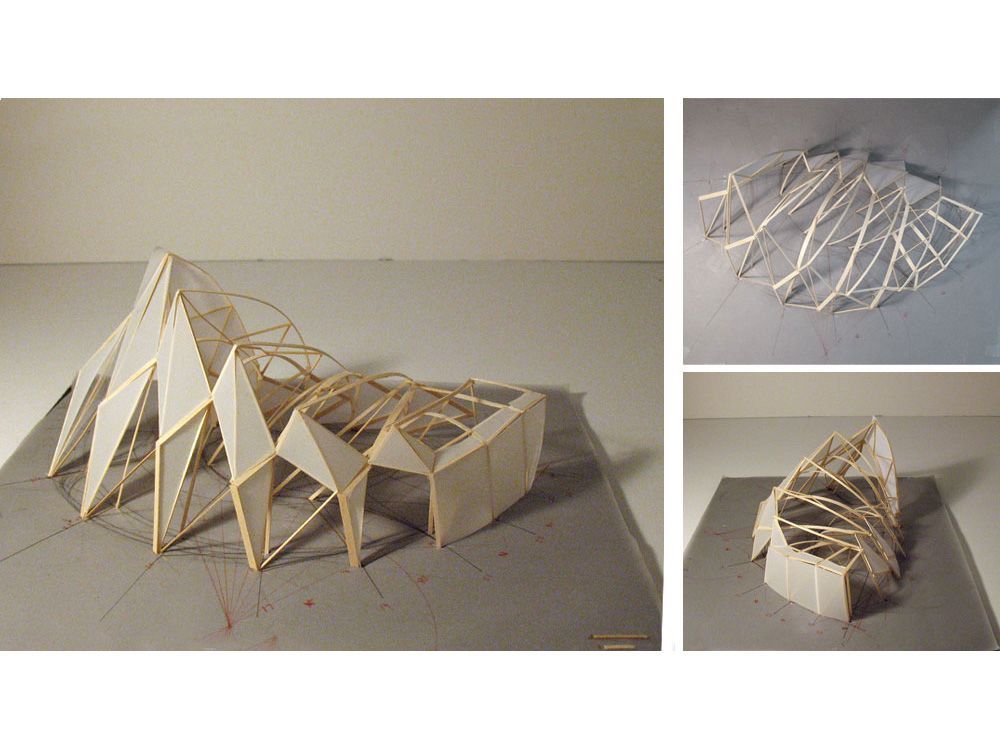 M-Yun : ferry terminal Pictures: complex shaped architecture Maquette: structure model made from wooden and glue Drawings: design