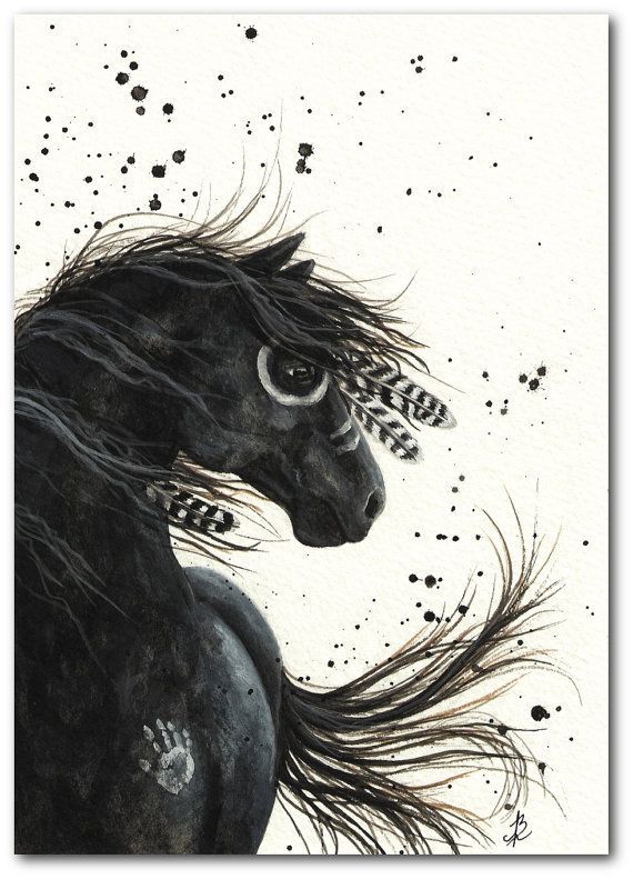Native American Black Horse Feathers Mustang ArT – 8.5×11 Fine ArT Print by AmyLyn Bihrle