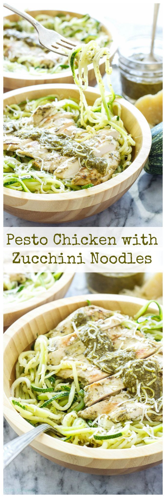 Pesto Chicken with Zucchini Noodles | Pest chicken on top of zucchini noodles is a healthy and delicious alternative to regular