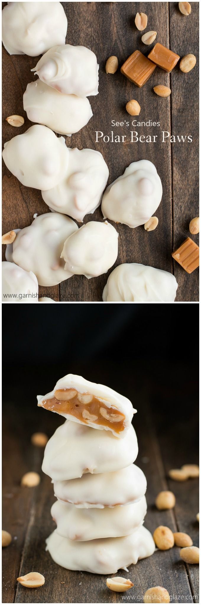Polar Bear Paws {See’s Candies Copycat} are filled with salty roasted peanuts and soft buttery caramel, all coated in sweet white
