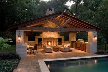 Pool house contemporary patio, very cool but are those sofas? Won’t they get wet?