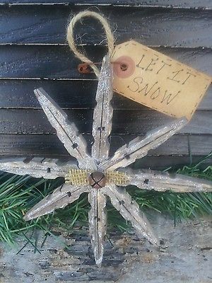 PriMiTiVe 3 Snowflake Clothes Pin Ornies*Burlap Bell*Farmhouse Christmas Rustic  #Country