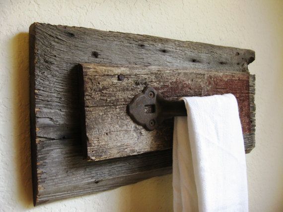 Reclaimed Barn Wood and Vintage Salvaged Door Handle Towel Holder. I would think this would be so easy to make yourself! You could