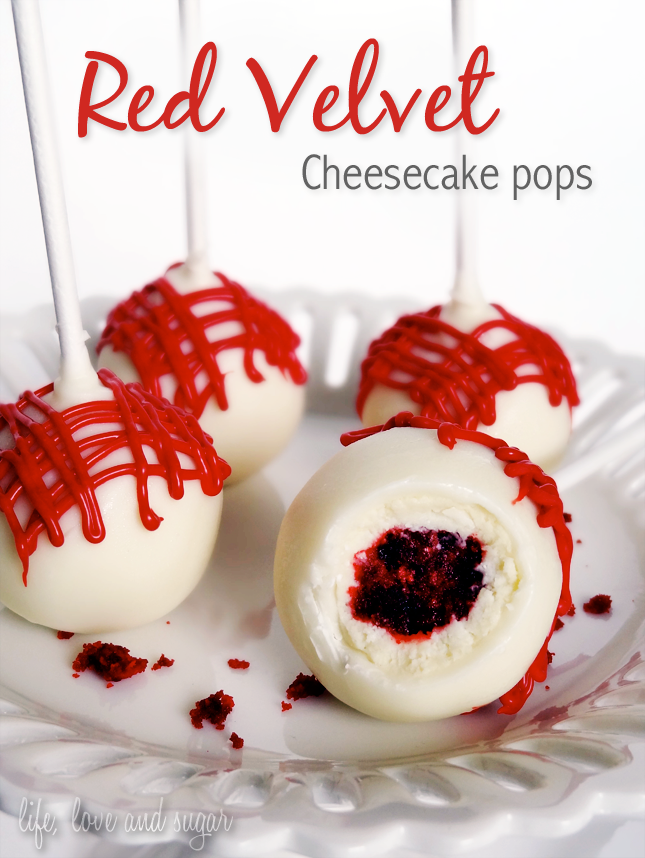 Red Velvet Cheesecake Pops–This cake pop is a bite size version of the Ultimate Red Velvet Cheesecake from The Cheesecake