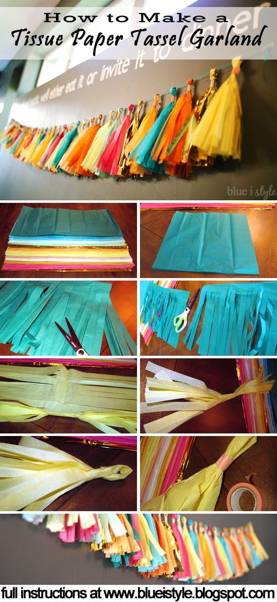 Simple tutorial for making a Tissue Paper Tassel Garland! Makes gorgeous decor for a bridal or baby shower, a birthday party, or