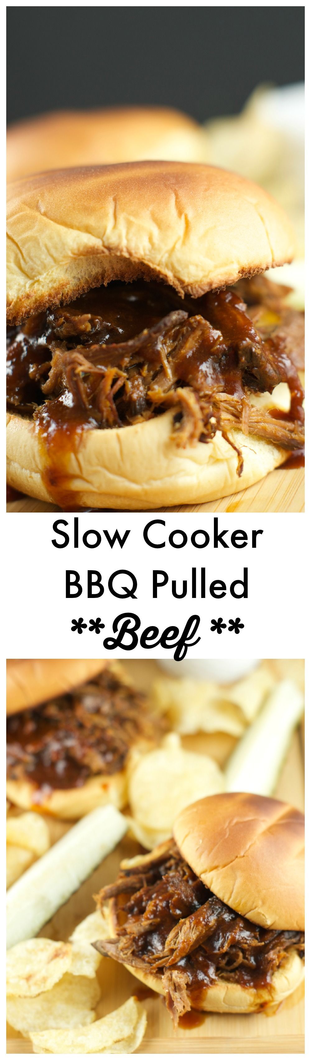 Slow Cooker Pulled BBQ Beef Sandwiches: delicious and tender beef slow cooked in a homemade BBQ sauce served on a toasted