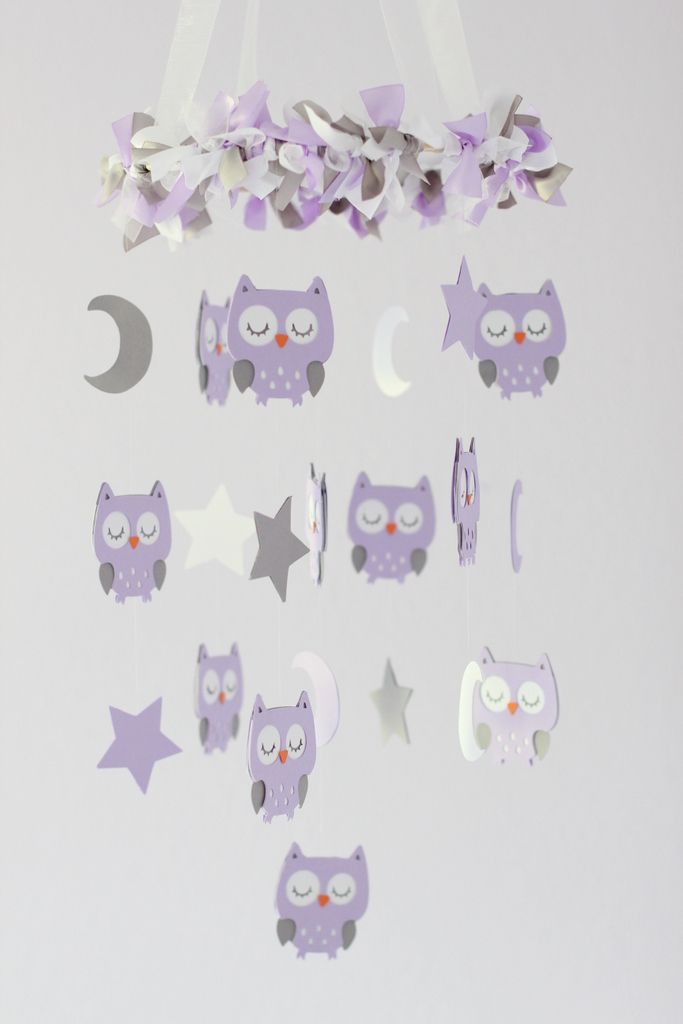 SMALL Owl Nursery Mobile in Lavender, White & Gray This will just now need to be light blue and gray