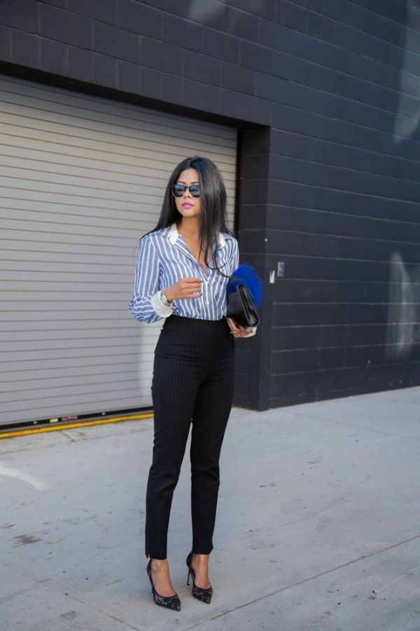 Stripes. Blue. White. Trousers. Heels. Shirt. Work.