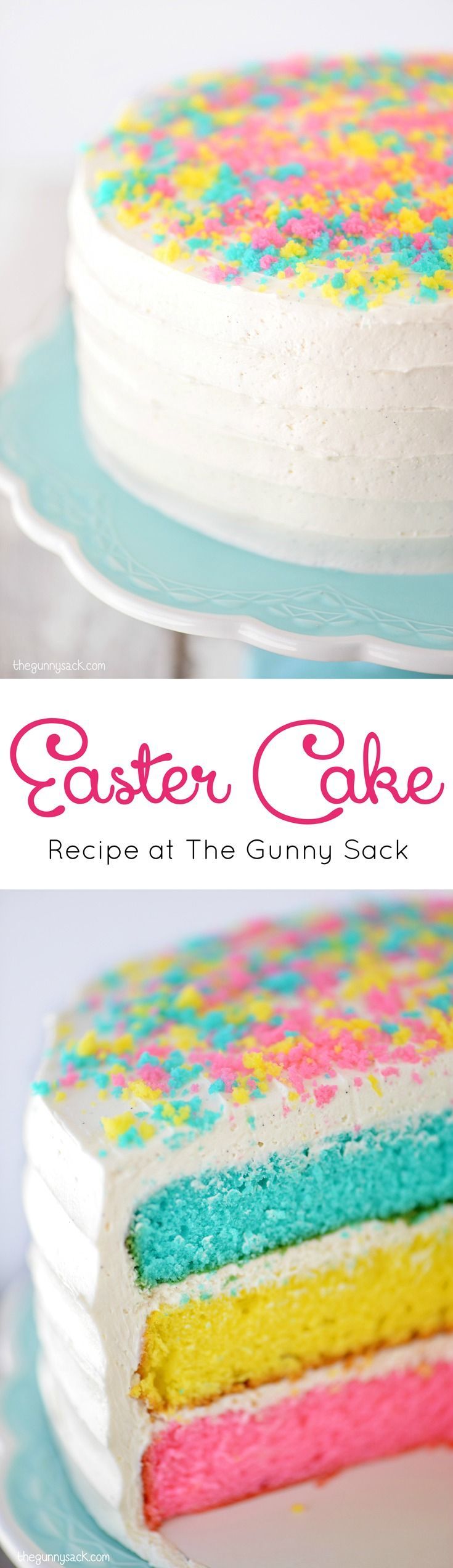 This Easter Cake recipe is easy to make, pretty to look at and fun to eat! It is covered with a fluffy vanilla bean frosting.