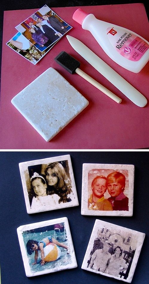 Transfer pictures to tiles with nail polish remover! They make for awesome coasters, and a unique custom gift idea.