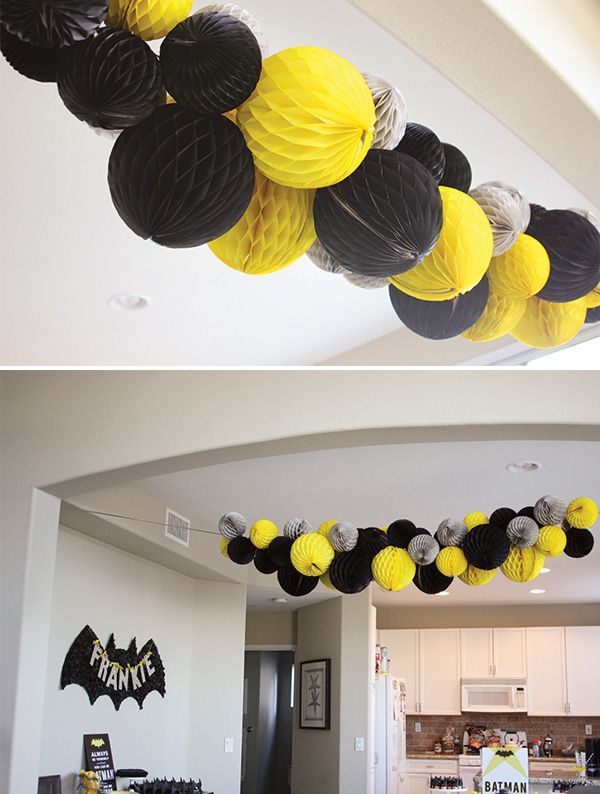 Transform your party room into a caped crusader hang out! Hostess with the Mostess put together a fun black, yellow and gray
