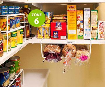 Under shelf basket for breads–won’t fall or get smashed. Other good pantry organizing tips on this link.