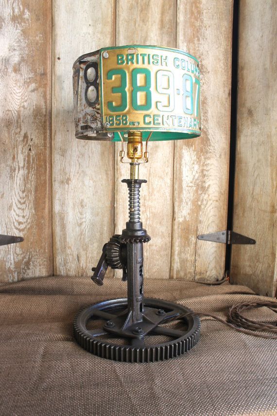 Vintage Industrial Style Table Lamp, License Plate Shade Light, Rustic Eclectic Lamp, Steampunk Lighting