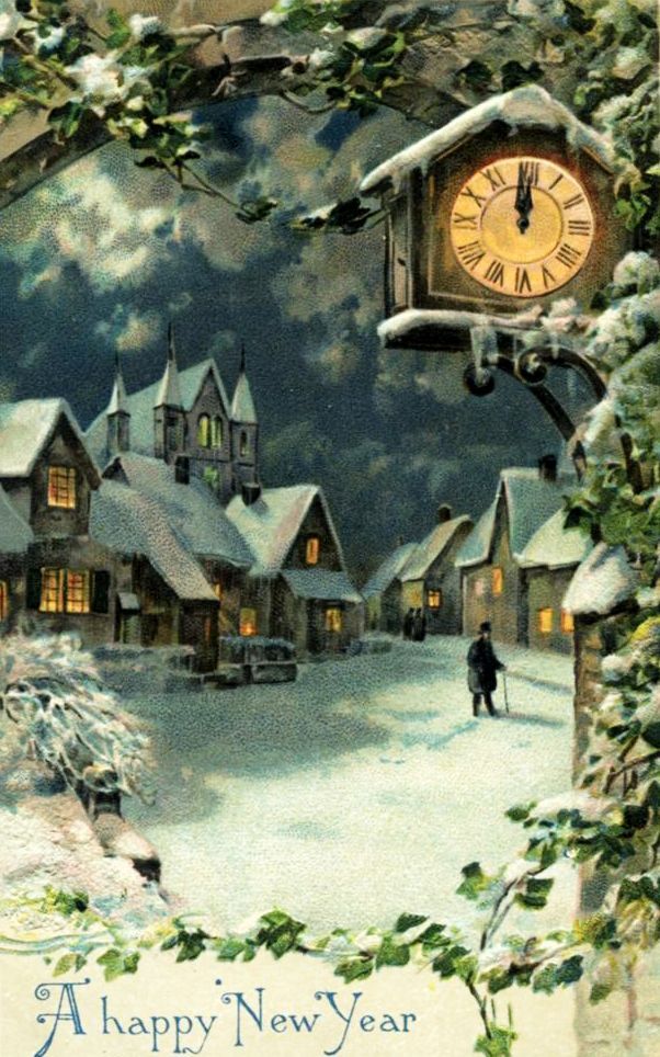 A happy New Year.  Snowy village scene with clock striking midnight.