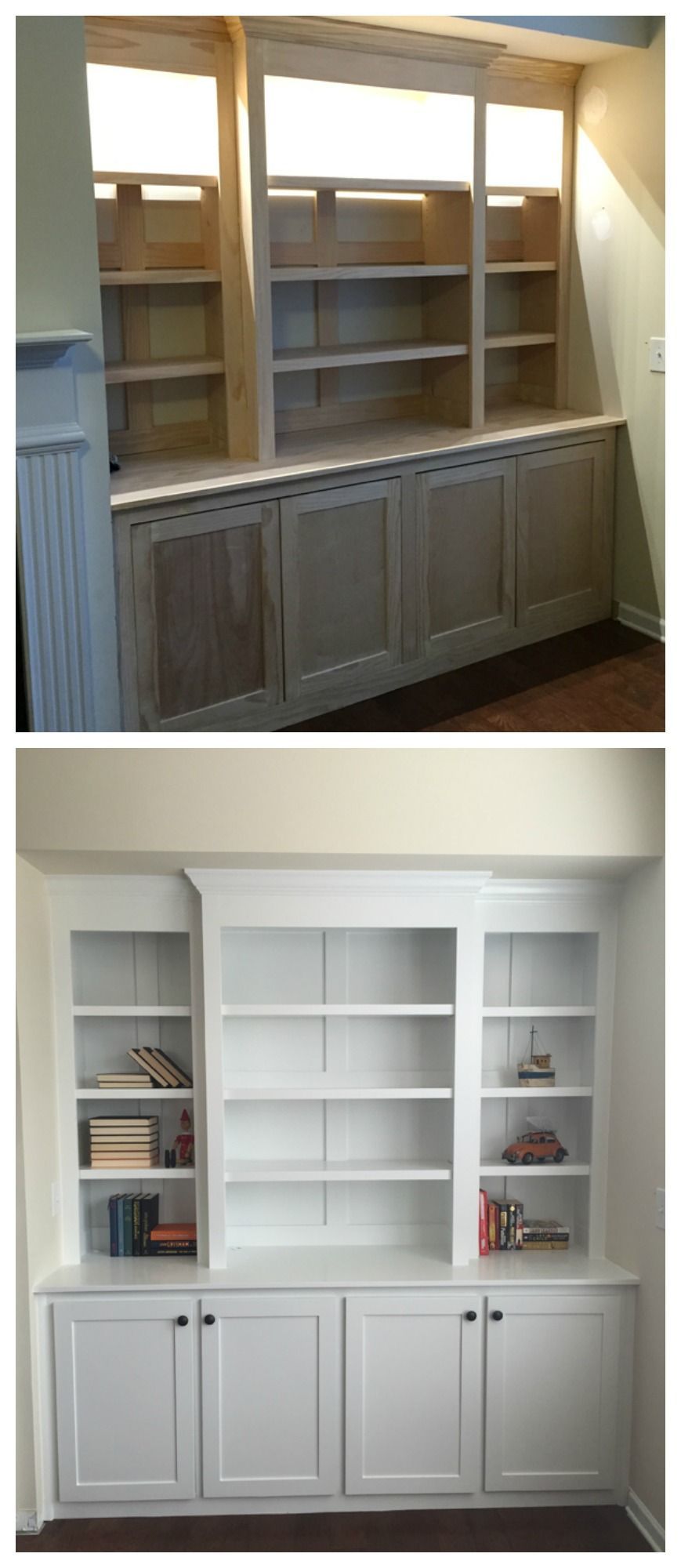 Amazing diy built-in buffet shelving from plywood and pine.