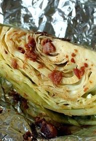Baked cabbage. INSANELY delicious, easy, inexpensive & healthy. (1 t. olive oil, 2 T. bacon bits, 2 T lemon juice, 1 T.