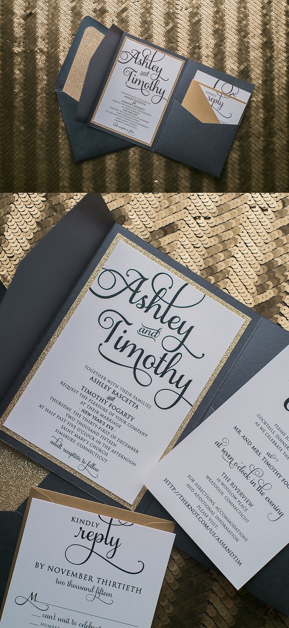 Black and Gold Pocket Luxury Wedding Invitations by Just Invite Me