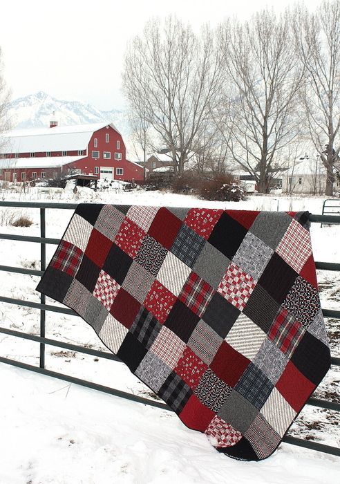 Black and Red plaid flannel quilt – Love this. She used 9″ squares to make the blocks