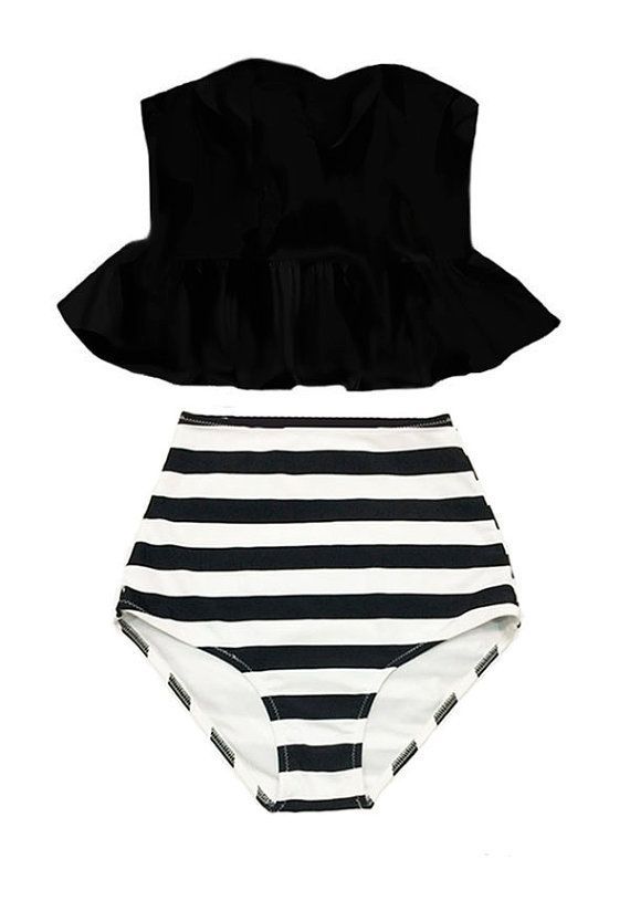 Black Strapless Long Peplum Tankini Top and Striped High Waisted Waist Shorts Bottom Swimsuit Bikini Swimwear Swimming Bathing