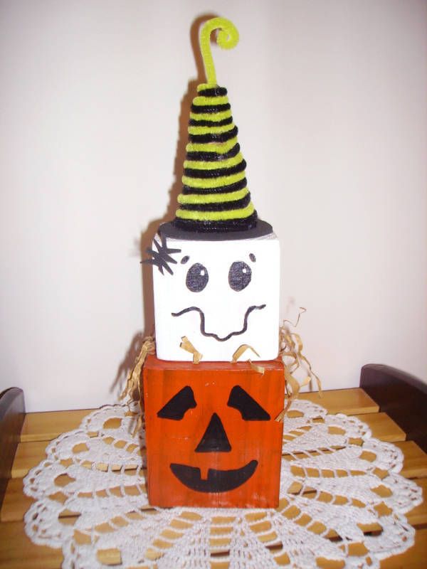 Halloween Pumpkin & Ghost Wooden Block Decoration | eBay -   Block Pumpkins Halloween decorations