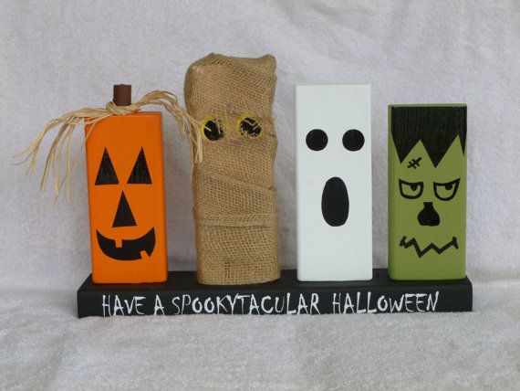 Wood Block Halloween Decoration with Pumpkin Mummy Ghost -   Block Pumpkins Halloween decorations