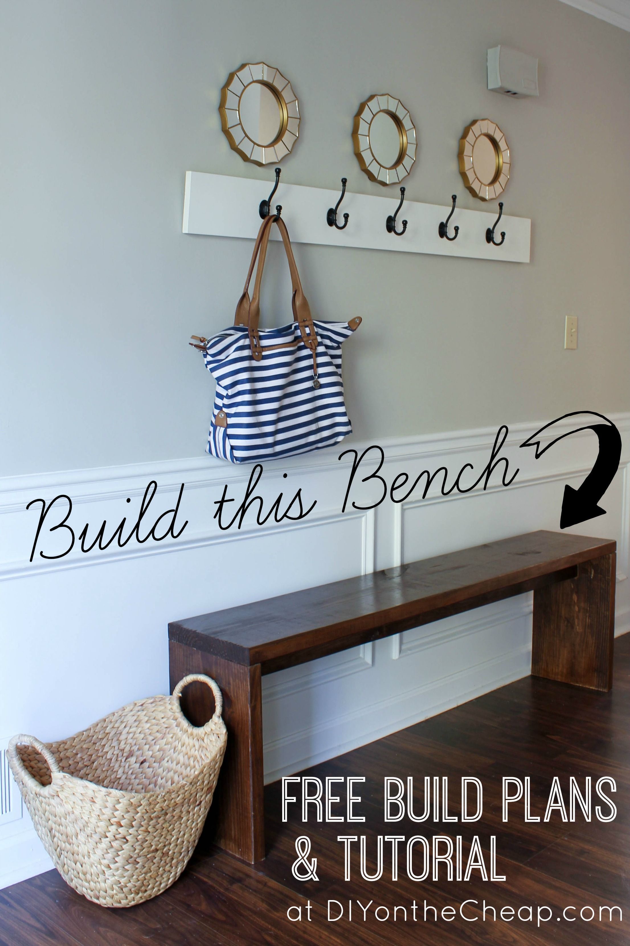 Build this entryway bench! Simple build plans and a tutorial available at DIY on the Cheap.