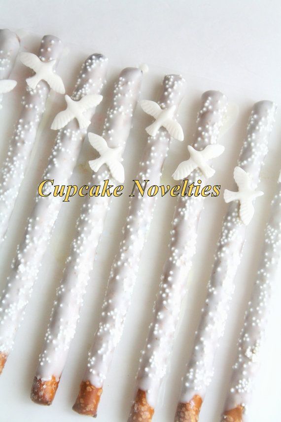 Buy Online on Etsy! Custom, Elegant & Delicious! Gourmet White Chocolate dipped Pretzels for Baptism, First Communion or
